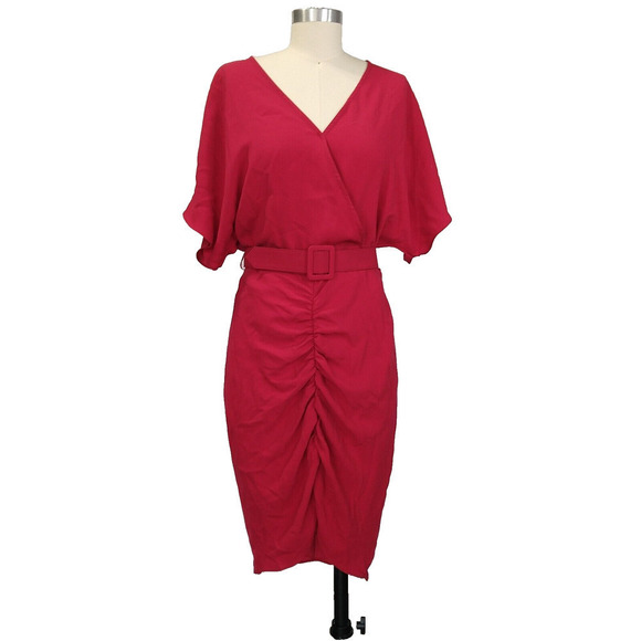 Trina Turk Zest Dress Size 4 NWT Sangria Red Batwing Shirred Skirt Surplice - Picture 2 of 12